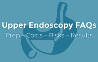 upper endoscopy faqs that cover the prep, costs, risks and results with a stomach / small bowel background image