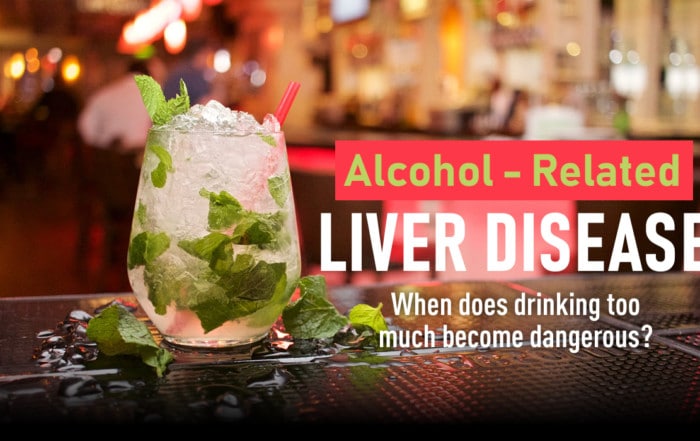 alcoholic liver disease text next to a cocktail on a bar