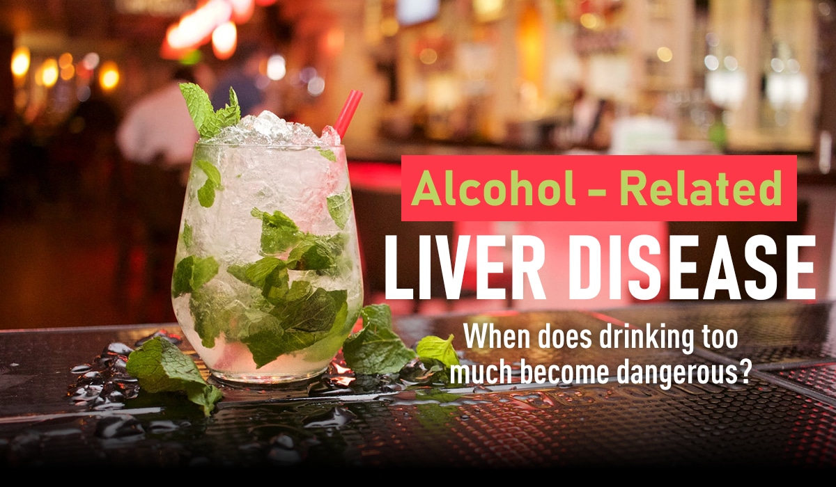 alcoholic liver disease text next to a cocktail on a bar