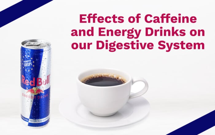 effects of caffeine on gut health with a can of red bull and cup of coffee