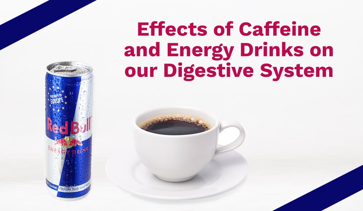 effects of caffeine on gut health with a can of red bull and cup of coffee