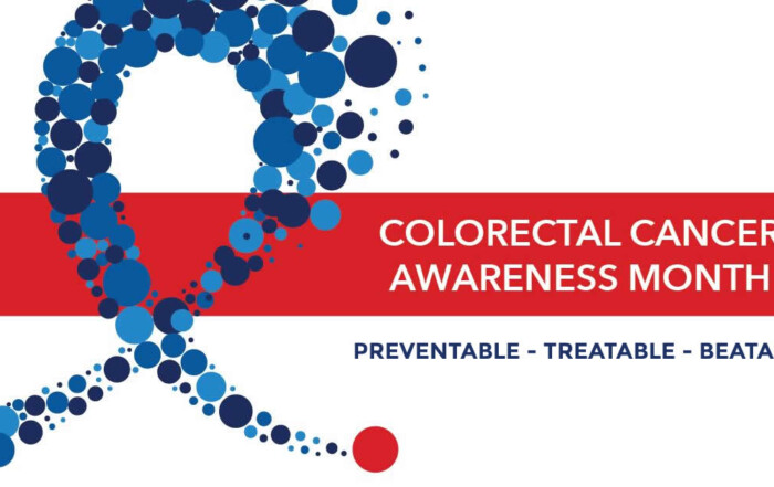 colon cancer awareness month with blue ribbon. Colon cancer is preventable, treatable and beatable