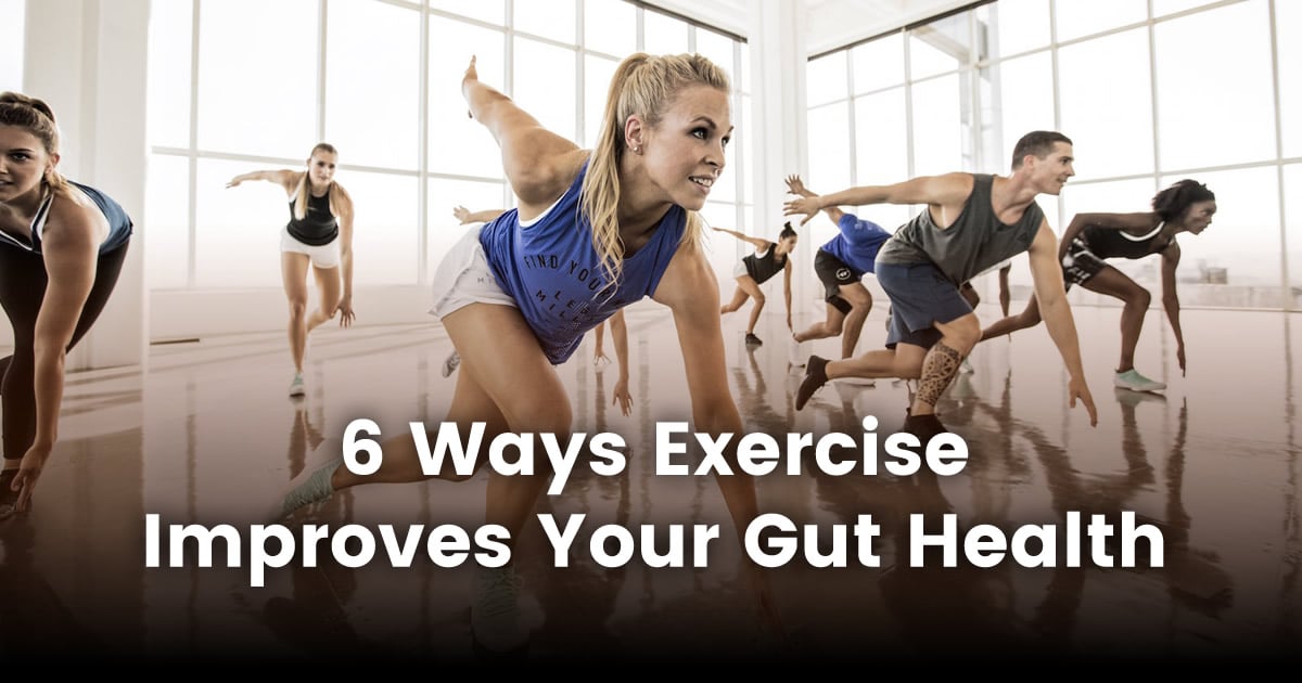 6 ways exercise improves gut health with a yoga class in background